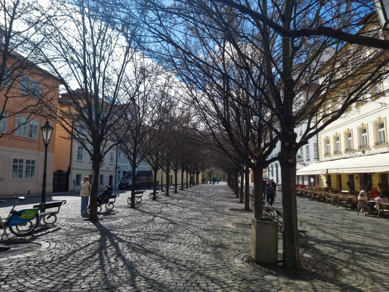 A charming cobblestone walkway in Prague lined with leafless trees in early spring, with pastel-colored buildings and a cozy outdoor café on one side. A couple pauses to chat while a few locals pass by.