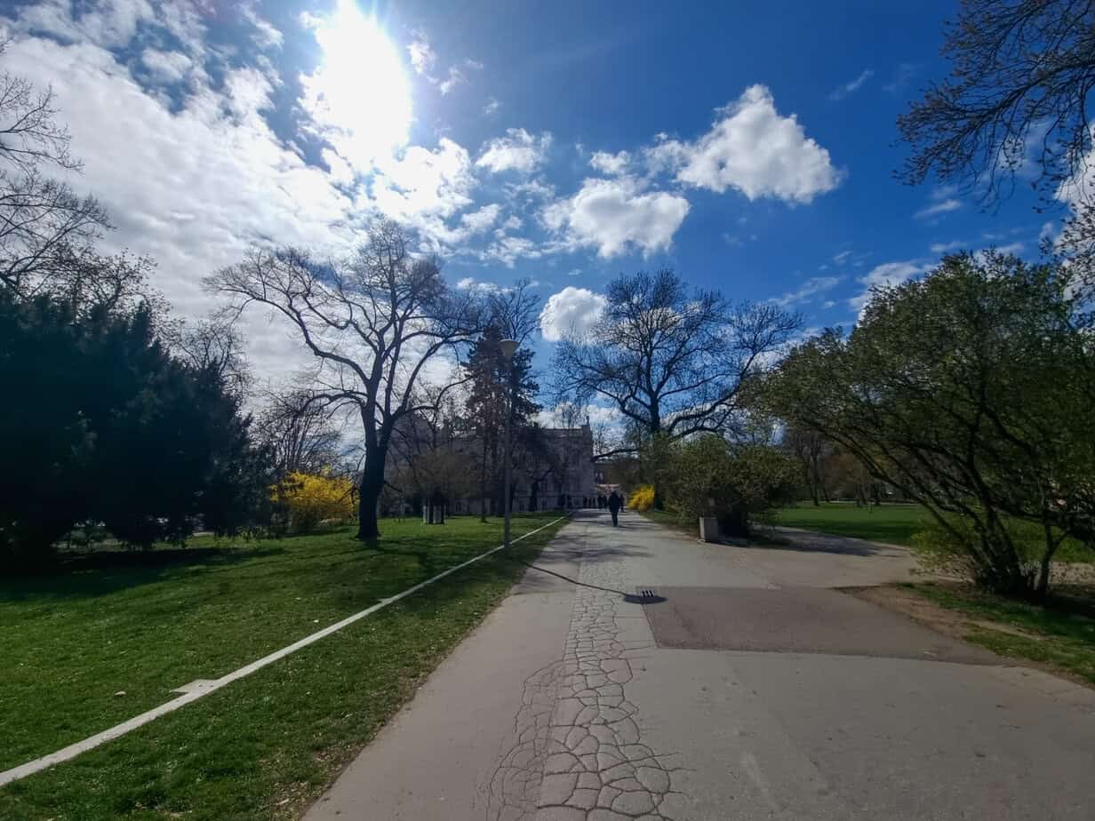 Sunlight streams through a wide path in a city park, lined with trees just beginning to bud. Visitors walk or relax in the green open space of Letná Park.