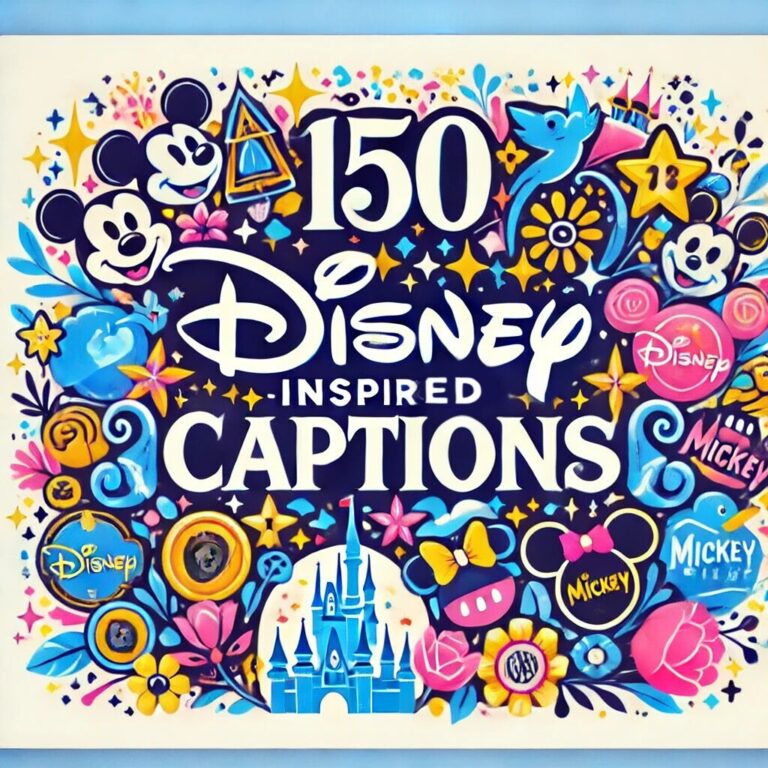 A colorful graphic filled with Disney icons like Mickey ears, castles, flowers, stars, and buttons, with bold text in the center that reads “150 Disney Inspired Captions.” This vibrant design is perfect for anyone searching for Disney Instagram captions.