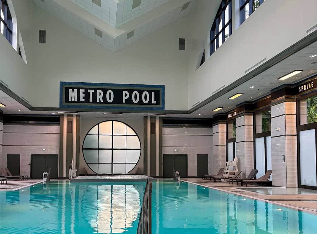 The "Metro Pool" indoor swimming facility with high ceilings and a vintage New York subway vibe, a standout among disneyland paris hotels with pools.