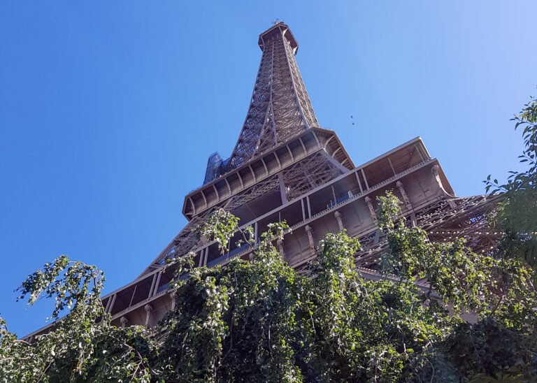 Upward view of the Eiffel Tower framed by leafy green trees against a clear blue sky, capturing the tower’s iron details and observation deck from below.