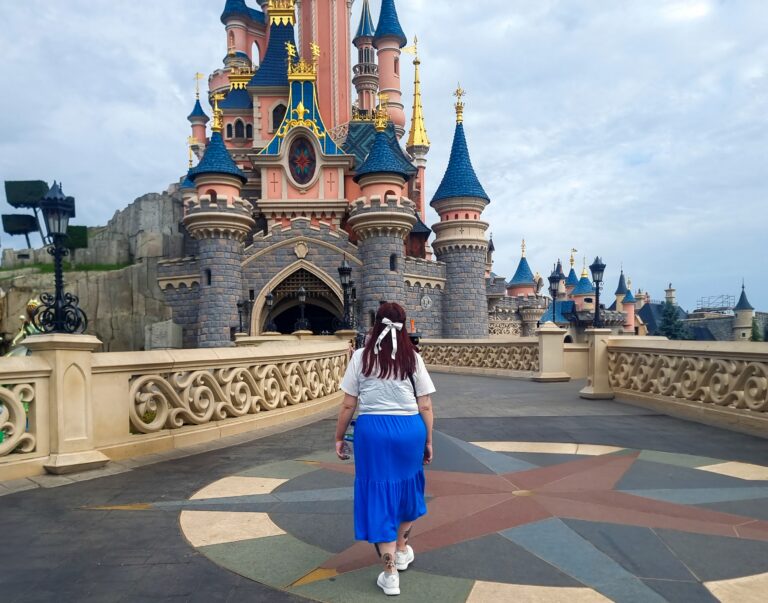 Walking toward Sleeping Beauty Castle during a carefully planned Disneyland Paris in one day itinerary.