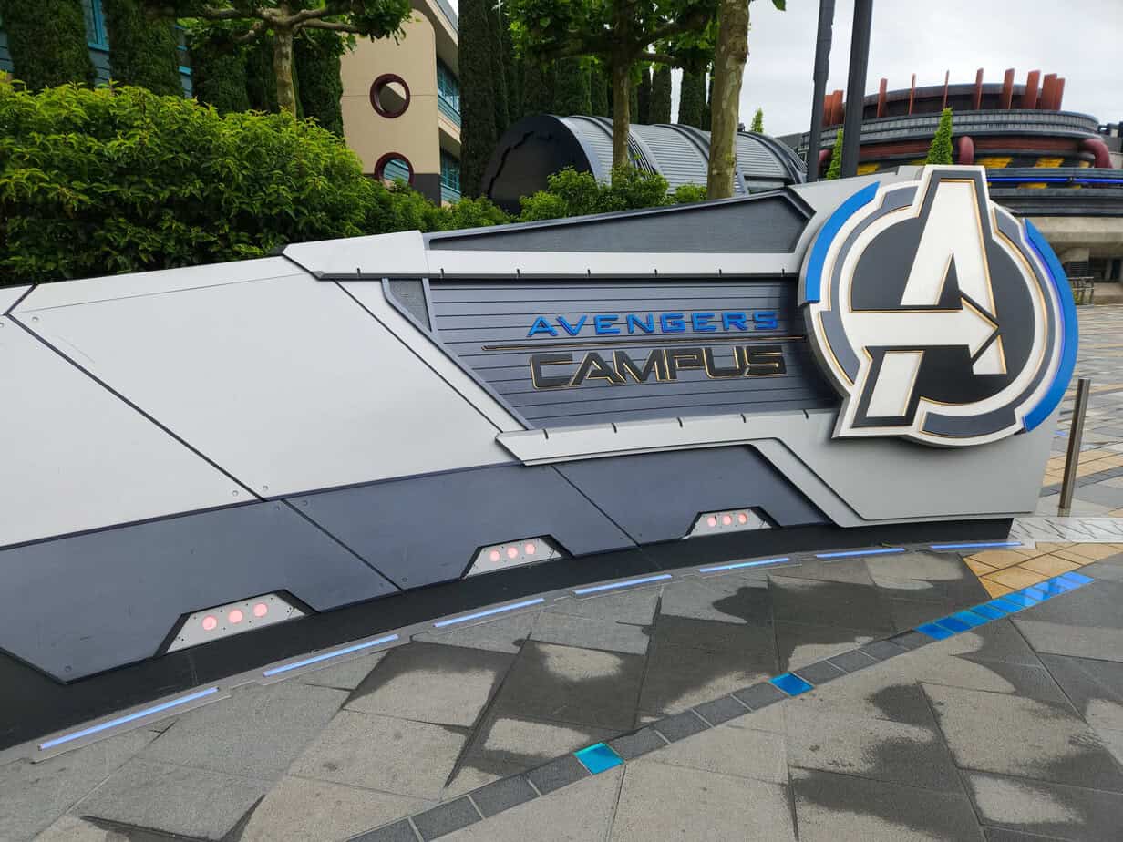 Entrance sign to Avengers Campus, the themed Marvel at Disneyland Paris area featuring rides, food, and hero encounters.