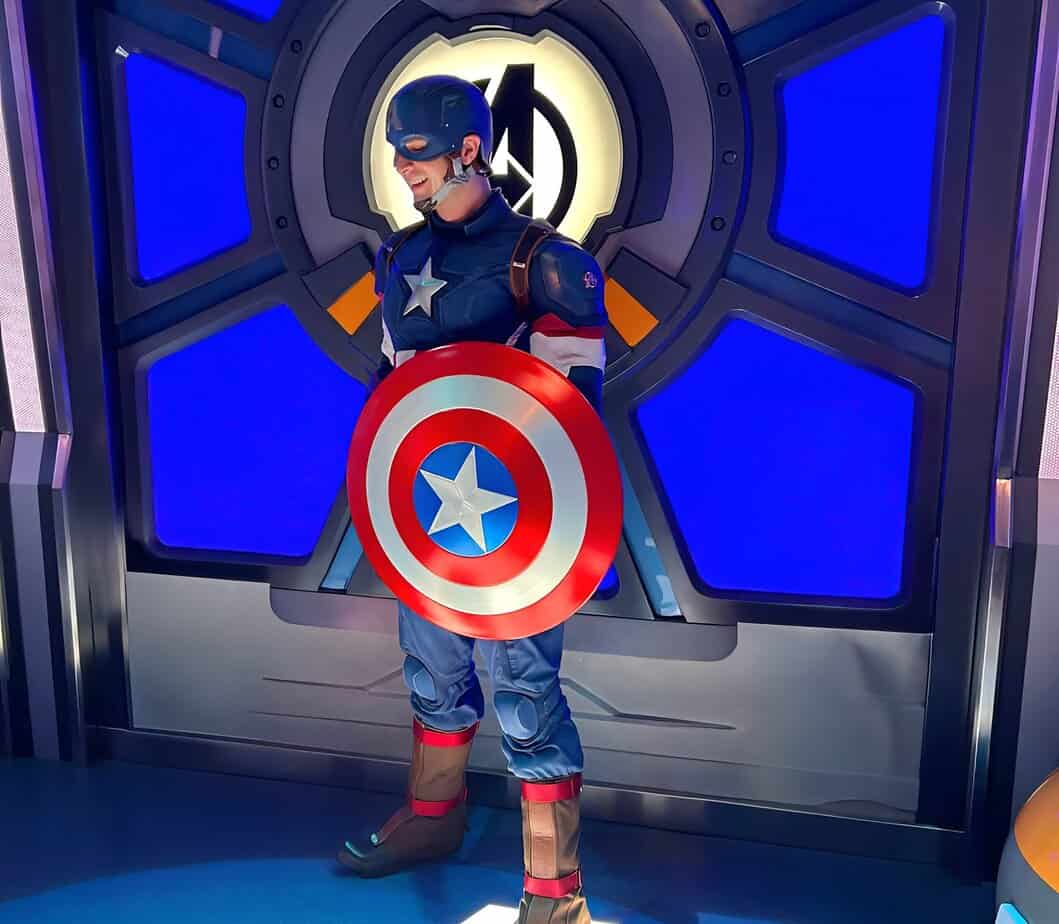 Captain America posing with his shield during a meet and greet at the Hero Training Center inside Walt Disney Studios.
