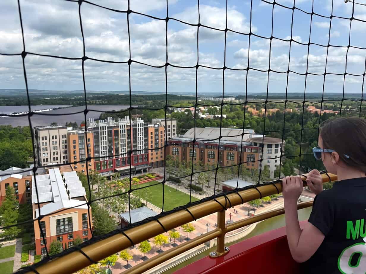 View of Disney’s Hotel New York – The Art of Marvel from the Panoramagique balloon, showing the Marvel at Disneyland Paris hotel complex.
