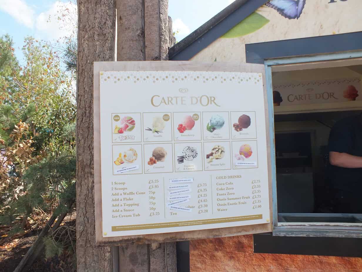 Carte D'Or ice cream kiosk at Twycross Zoo with a large illustrated menu showing ice creams and cold drinks. The clearly readable menu text includes "CARTE D'OR" and the prices "1 Scoop £3.25. 2 Scoops £3.95. Add a Waffle Cone 75p. Add a Flake 70p. Add a Topping 75p. Add a Sauce 50p. Ice Cream Tub £3.25. COLD DRINKS. Coca Cola £2.75. Coke Zero £2.35. Fanta Zero £2.35. Oasis Summer Fruit £2.75. Oasis Exotic Fruit £2.35. Water £2.00"
